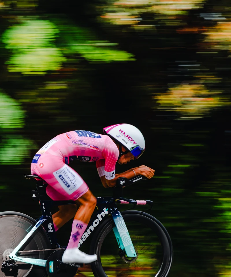 Bahrain Victorious rider in the pink jersey during the Stage 10 time trial at the 2026 Giro d’Italia