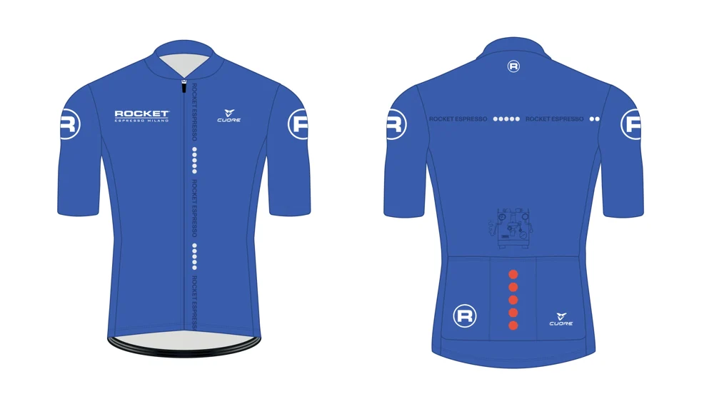 Front and back design drawings of the blue Rocket Azzurri cycling jersey