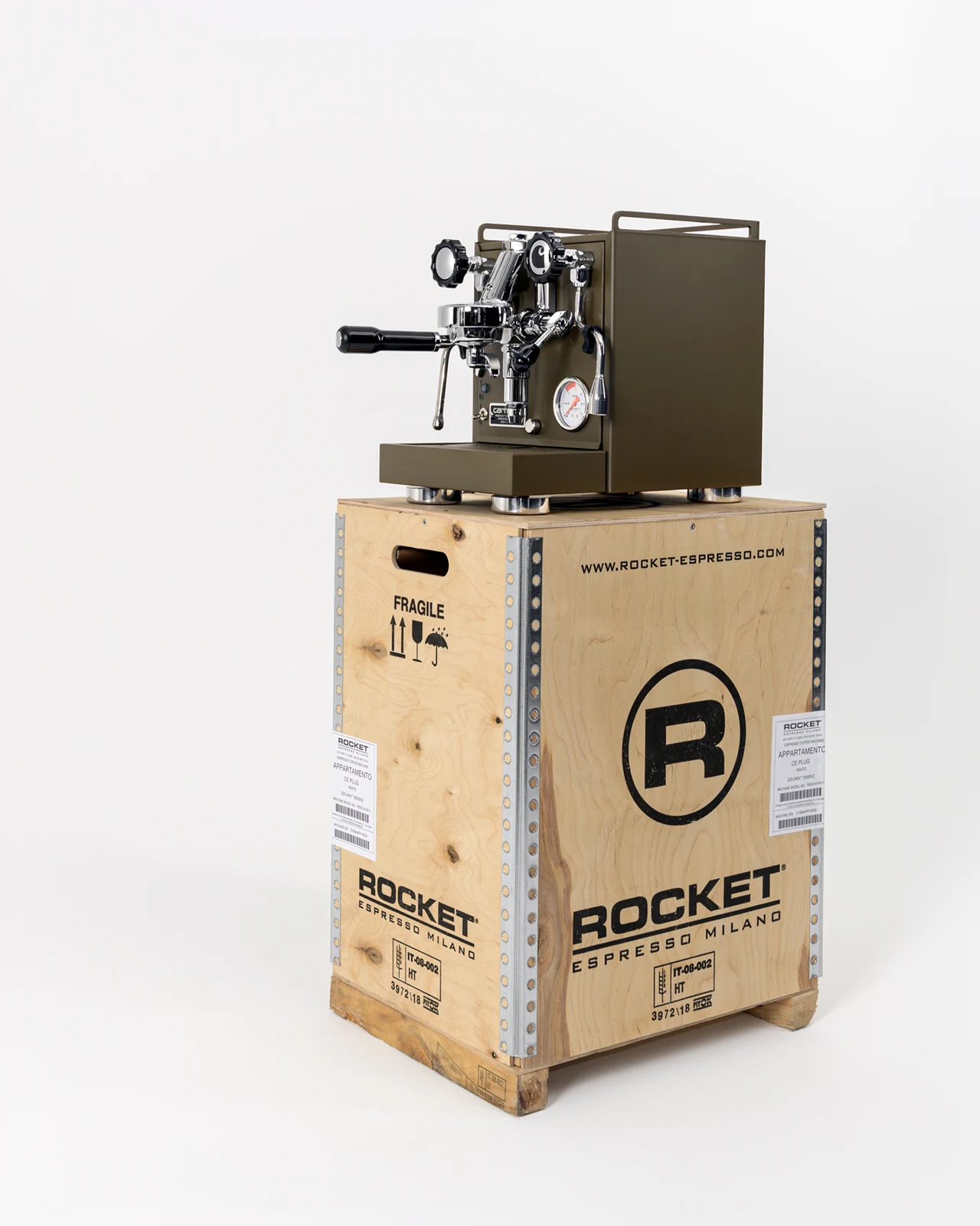 Army-green 2019 Carhartt WIP × Rocket Espresso machine on its wooden Rocket shipping crate