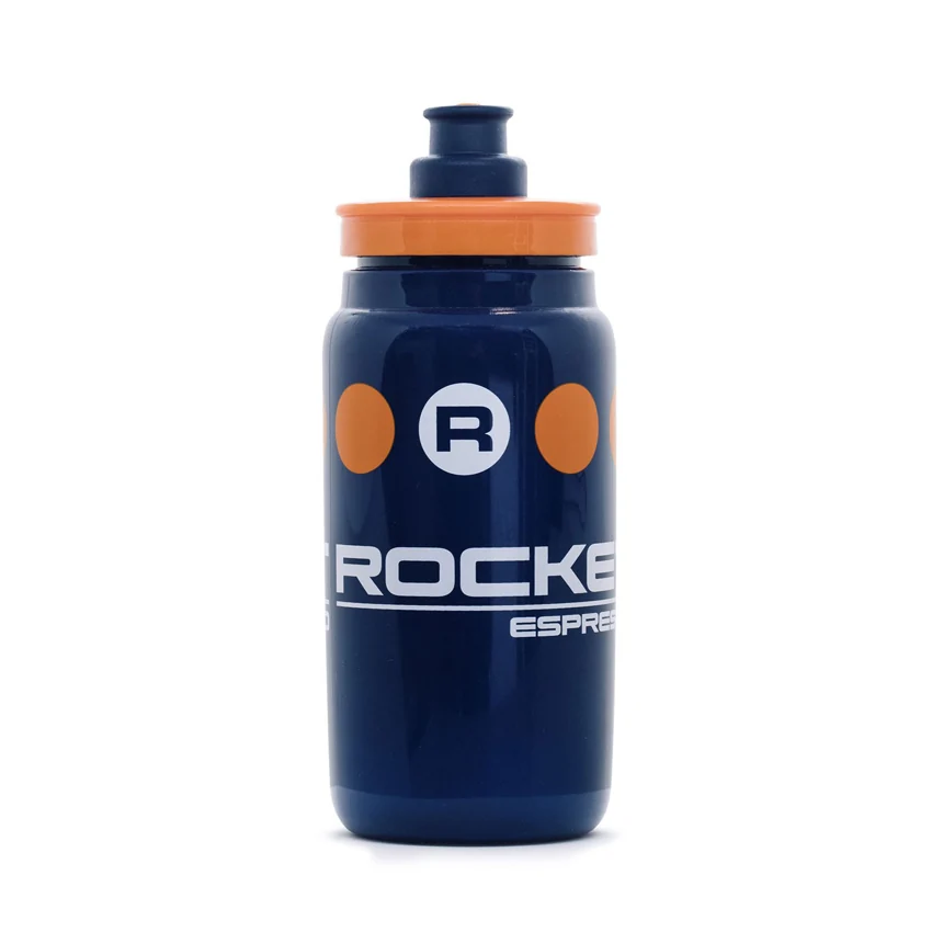 Navy Rocket cycling bottle with an orange cap and circular graphics