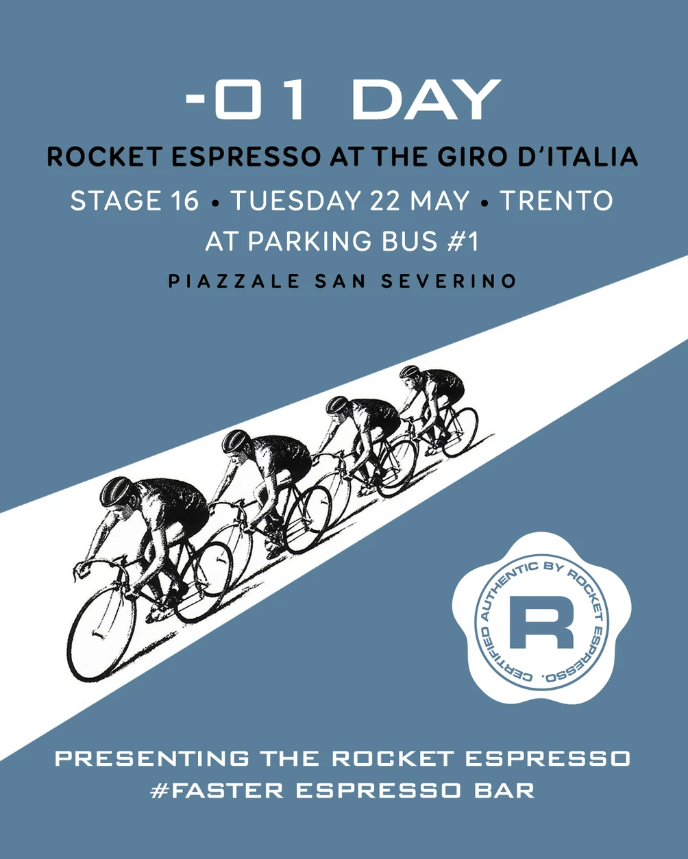 One-day countdown post with archive cyclists and the Trento pop-up location