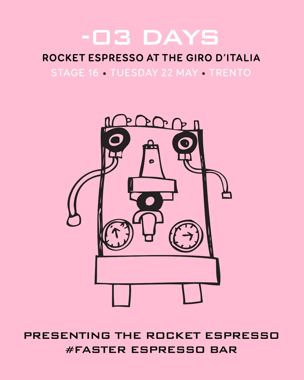 Three-day countdown post with a hand-drawn espresso machine on pink