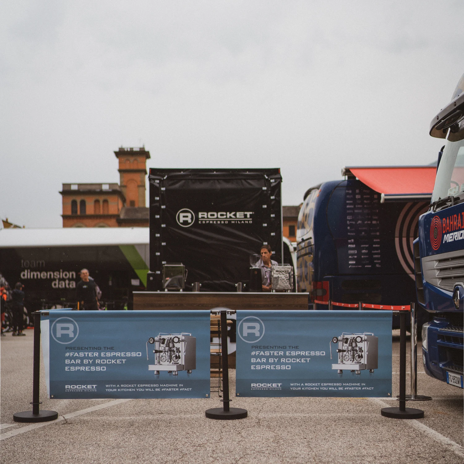 Rocket pop-up espresso bar among team buses at the Giro d’Italia
