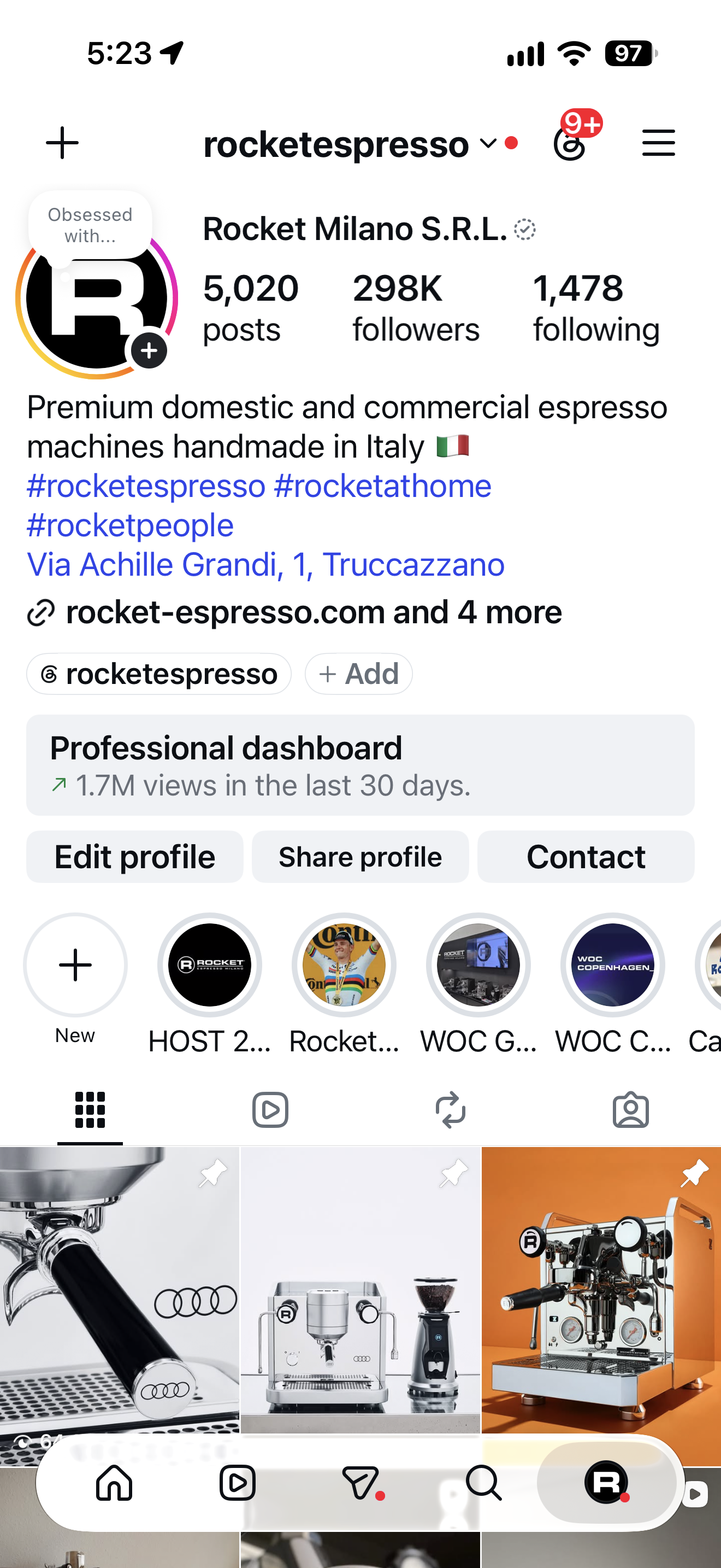 Rocket Espresso Instagram profile showing 298K followers, 1,478 following and recent Rocket × Audi posts, as captured in September 2026