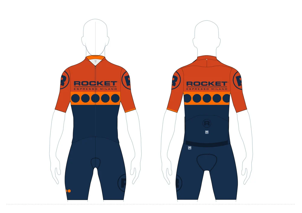 Front and back design drawings of the orange and navy Rocket jersey and bib shorts