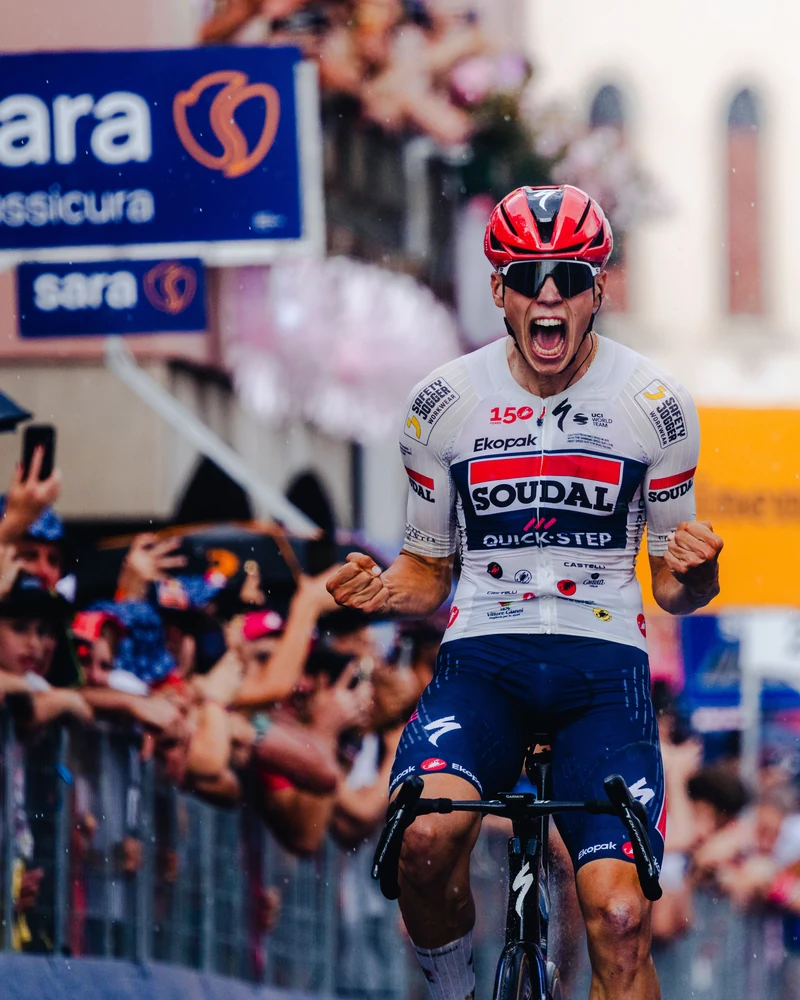 Paul Magnier celebrating his Stage 18 victory at the 2026 Giro d’Italia